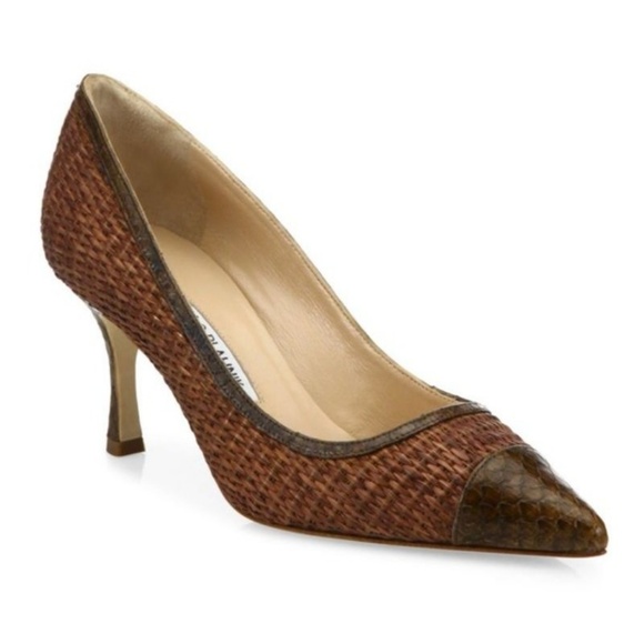 Manolo Blahnik Shoes - Manolo Blahnik Bottera Raffia & Snakeskin Pumps